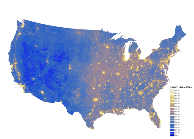 A soundscape map produced by the National Park Service's Natural Sounds and Night Skies Division shows ambient noise levels from human activity and natural sources. With its low population and lim ...