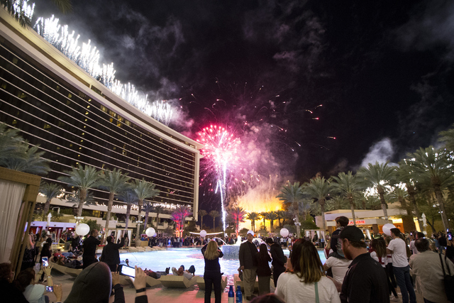 Guests watch the fireworks show during the Red Rock Resort 10th birthday celebration at Red Rock casino-hotel on Saturday, April 16, 2016, in Las Vegas. (Erik Verduzco/Las Vegas Review-Journal) Fo ...