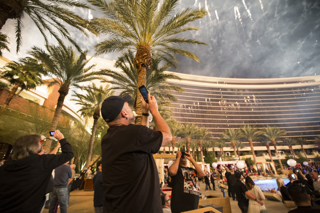 Guests watch the fireworks show during the Red Rock Resort 10th birthday celebration at Red Rock casino-hotel on Saturday, April 16, 2016, in Las Vegas. (Erik Verduzco/Las Vegas Review-Journal) Fo ...