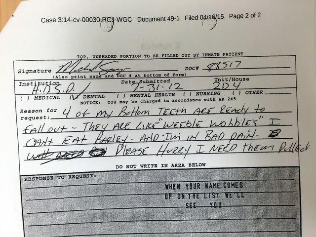 Michael Sanzo filled out this request for medical attention on July 31, 2012, at High Desert State Prison. It came back two days later with a stamped response: "When your name comes up on the list ...