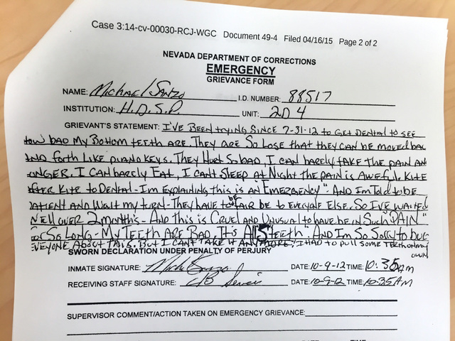 Michael Sanzo submitted this emergency grievance form on Oct. 9, 2012, at High Desert State Prison. "I can barely take the pain any longer," he wrote.