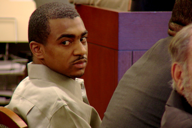 Robert Sharpe III, 30, looks to the rear of the courtroom in Clark County District Court on Monday, March 14, 2016, as guilty verdicts are read on 15 felony counts including first-degree kidnappin ...