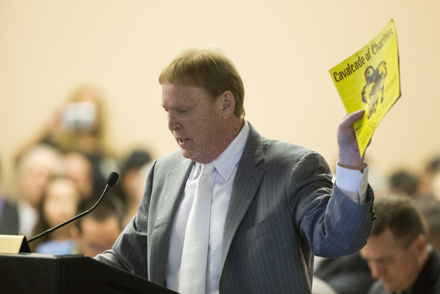 Oakland Raiders owner Mark Davis speaks on a proposed Las Vegas dome stadium during a meeting with local government and UNLV officials at the Stan Fulton Building at UNLV on Thursday, April 28, 20 ...