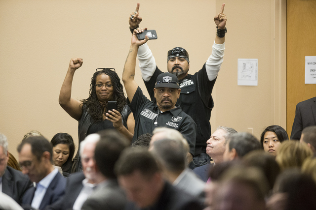 Fans show support  during a meeting with Oakland Raiders, local government and UNLV officials to discuss a proposed Las Vegas dome stadium at the Stan Fulton Building at UNLV on Thursday, April 28 ...
