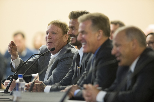 Oakland Raiders owner Mark Davis speaks on a proposed Las Vegas dome stadium during a meeting with local government and UNLV officials at the Stan Fulton Building at UNLV on Thursday, April 28, 20 ...