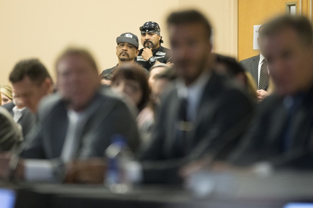 Fans look on during a meeting with Oakland Raiders, local government and UNLV officials to discuss a proposed Las Vegas dome stadium at the Stan Fulton Building at UNLV on Thursday, April 28, 2016 ...