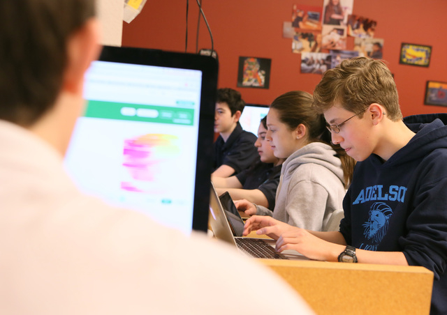 Ben Khavkin, 14, right, works on a project in Introduction to Computer Programming class at The Adelson Educational Campus Tuesday, March 15, 2016, in Las Vegas. The school expects to open a new t ...