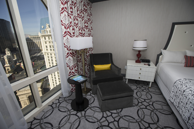 A standard king size bedroom at the Paris casino-hotel is seen on Wednesday, March 16, 2016, in Las Vegas. Erik Verduzco/Las Vegas Review-Journal Follow @Erik_Verduzco