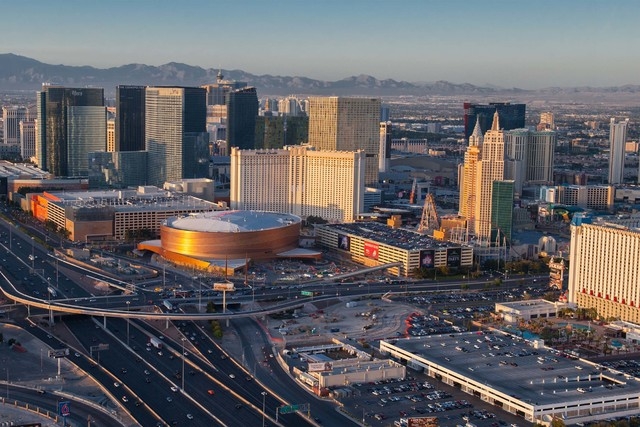 T-Mobile Arena is shown in this aerial photo Tuesday, March 14, 2016. The $375 million venue, built by Anschutz Entertainment Group and MGM Resorts International, opens Wednesday, April 6 with a c ...