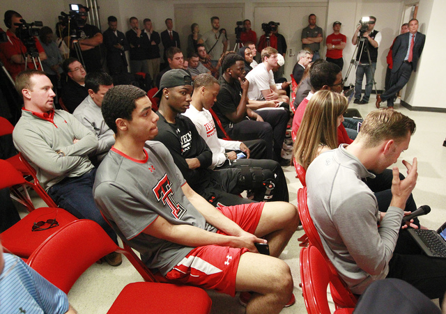 Texas Tech student athletes listen as Texas Tech athletic director Kirby Hocutt announces that men's basketball coach Tubby Smith has left the program to coach at Memphis on Thursday, April, 14, 2 ...