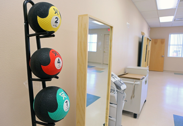 Medicine balls and a mirror, tools that are all used in therapy, are shown in Pima Medical Institute's Occupational Therapy Assistant program classroom Friday, April 1, 2016, in Las Vegas. (Ronda  ...