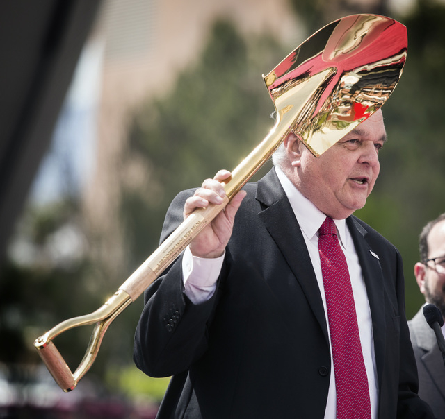 Clark County Commission Chairman Steve Sisolak holds the shovel during a press conference at Toshiba Plaza on Wednesday, April 6, 2016. He received the shovel when the arena broke ground June 2014 ...