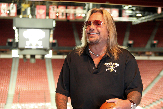 Mötley Crüe lead singer, Vince Neil discusses the upcoming season for the the Las Vegas Outlaws, an arena football team of which he is part owner. Tuesday, March 3, 2015 (Michael Quine/L ...
