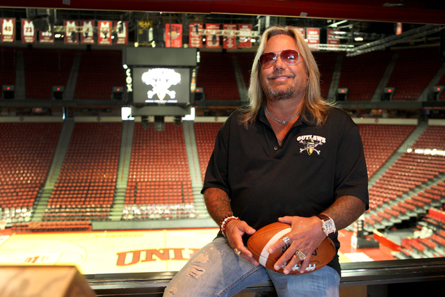 Mötley Crüe lead singer, Vince Neil discusses the upcoming season for the the Las Vegas Outlaws, an arena football team of which he is part owner. Tuesday, March 3, 2015 (Michael Quine/L ...
