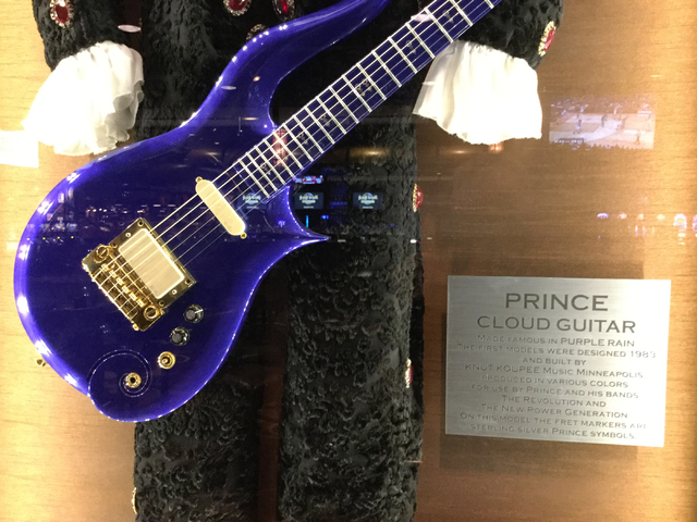 A Cloud guitar is displayed at the Hard Rock hotel-casino at 4455 Paradise Road in Las Vegas on Thursday, April 21, 2016. Prince made the guitar famous with "Purple Rain." (Greg Haas/Las Vegas Rev ...