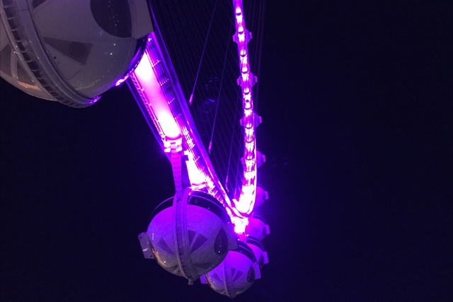 The High Roller is lighted purple in memory of Prince in Las Vegas on Thursday, April 21, 2016. Prince died at his Minnesota home on Thursday. (Greg Haas/Las Vegas Review-Journal) Follow @RJgreg09