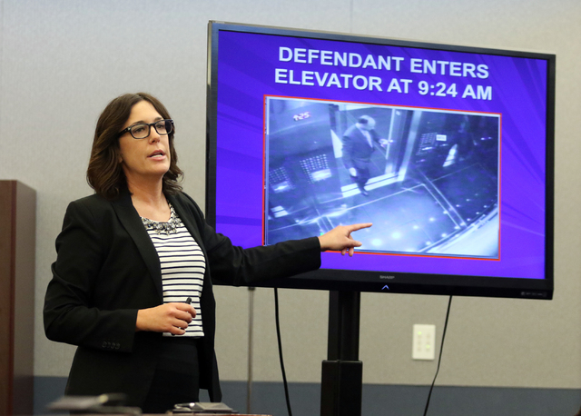 District Attorney Dena Rinetti gives her opening statement in the trial of Mark Picozzi in Clark County District Court at the Regional Justice Center Wednesday, April 13, 2016, in Las Vegas. (Rond ...