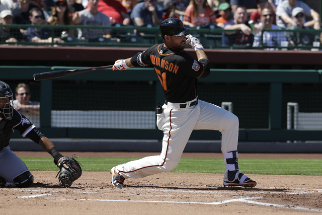 The San Francisco Giants' Mac Williamson, shown during spring training, hit two solo home runs for the Sacramento River Cats in a 3-1 PCL victory over the Las Vegas 51s on Friday in Sacramento, Ca ...