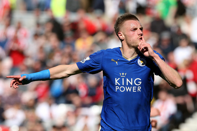 Leicester City's Jamie Vardy celebrates his goal during the English Premier League soccer match between Sunderland and Leicester City at the Stadium of Light, Sunderland, England, Sunday, April 10 ...