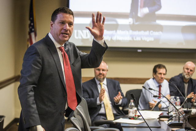 New UNLV basketball coach Chris Beard waves to supporter after University of Nevada Board of Regents approved his contract on  Friday, April 8,2016. Jeff Scheid/Las Vegas Review-Journal Follow @jl ...