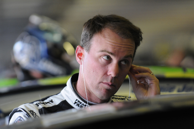 Kevin Harvick prepares for practice for the NASCAR Sprint Cup Series auto race at Texas Motor Speedway in Fort Worth, Texas, Thursday, April 7, 2016. (AP Photo/Ralph Lauer)