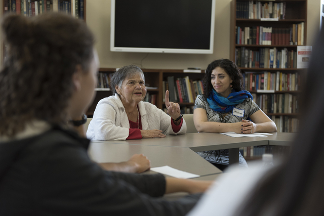 Jean Arin, second from left, talks to teenagers about her relationship to the Yiddish culture of Eastern Europe during the Intergenerational workshop at Yiddish Las Vegas: A Music & Culture Fe ...