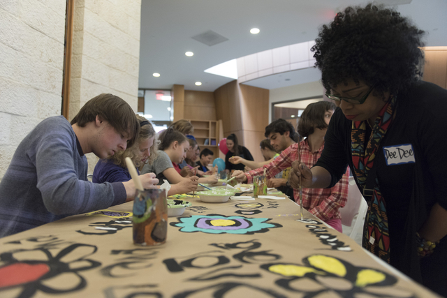 Isaac Antflick, 15, left, and Dee Dee Woodberry, right, work on a collaborative art project at Yiddish Las Vegas: A Music & Culture Festival at Temple Sinai in Las Vegas Sunday, April 10, 2016 ...