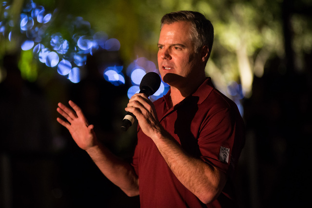 MGM Resorts Chairman and CEO Jim Murren speaks during the lighting ceremony for the 40-foot tall Bliss Dance sculpture at The Park on the Strip in Las Vegas on Monday, April 6, 2016. (Chase Steven ...