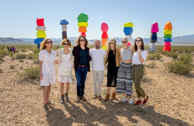 Members of Art Production Fund and the Nevada Museum of Art join artist Ugo Rondinone to celebrate the opening of Rondinone's Seven Magic Mountains on Monday, May 9, 2016. (Mark Damon/Las Vegas Ne ...