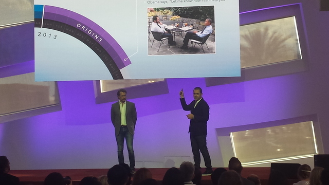 Hyperloop One Chief Technology Officer Brogan BamBrogan and Executive Chairman Shervin Pishevar explain the company's history at a gathering of journalists and VIPs in downtown Las Vegas' Clevelan ...