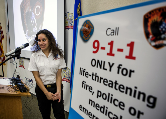 Lin Martinez, a student in the 911 Program at Veterans Tribute Career and Technical Academy speaks during a press conference on Tuesday, May 10, 2016. (Jeff Scheid/Las Vegas Review-Journal Follow ...