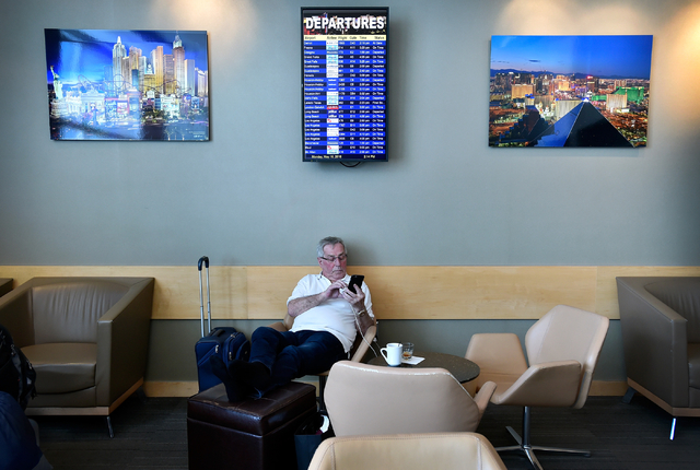 Bjarne Stub Hansen of Sweden relaxes inside The Club at LAS as he waits for his outbound flight at McCarran International Airport Monday, May 16, 2016, in Las Vegas. David Becker/Las Vegas Review- ...