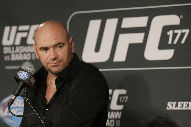 UFC President Dana White speaks at a news conference after the UFC 177 mixed martial arts event in Sacramento, Calif., Saturday, Aug. 30, 2014. (AP Photo/Jeff Chiu)