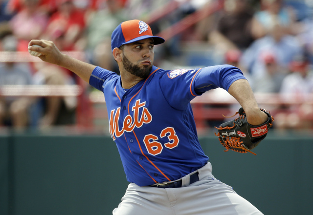 New York Mets' Gabriel Ynoa pitches in the third inning against the Washington Nationals in a spring training baseball game, Thursday, March 3, 2016, in Viera, Fla. (AP Photo/John Raoux)