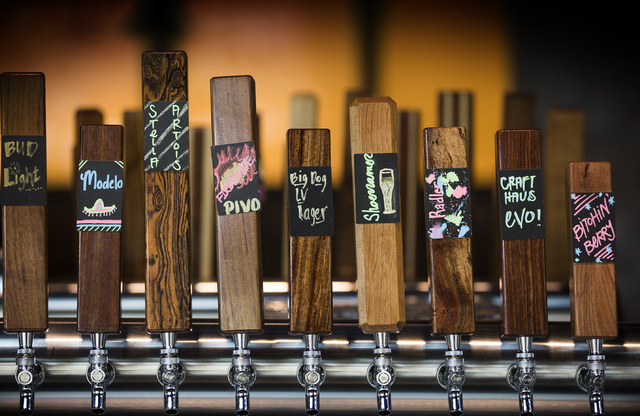 Beer taps are seen at the Beerhaus at The Park is seen on Monday, April 4, 2016. The bar has 26 beers on tap. (Jeff Scheid/Las Vegas Review-Journal Follow @jlscheid)