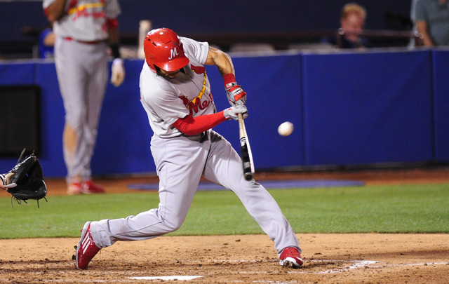 Memphis Redbirds batter Tommy Pham, a Durango High School graduate, hits a single in the sixth inning of their minor league baseball game against the Las Vegas 51s at Cashman Field in Las Vegas Fr ...