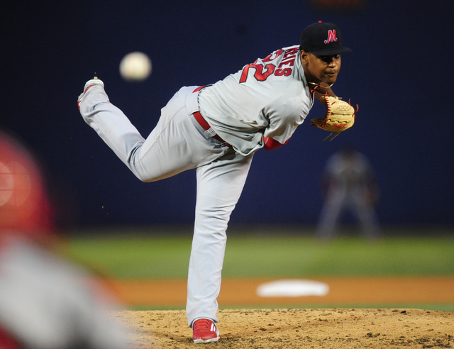 Memphis Redbirds starting pitcher Alex Reyes delivers to the Las Vegas 51s in the fourth inning of their minor league baseball game at Cashman Field in Las Vegas Friday, May 27, 2016. Las Vegas wo ...