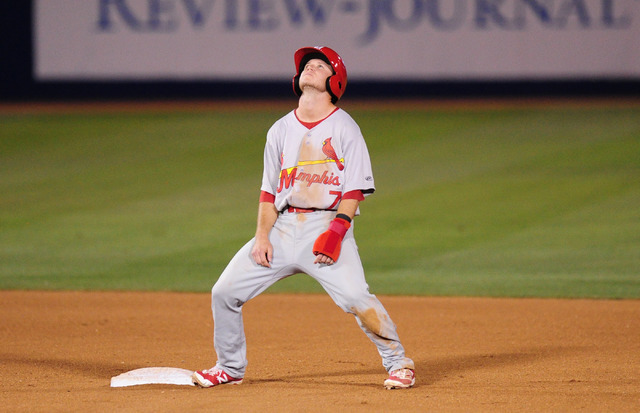 Memphis Redbirds base runner Matt Williams reacts after being called out after he tried to steal second base in the seventh inning of their minor league baseball game against the Las Vegas 51s at  ...