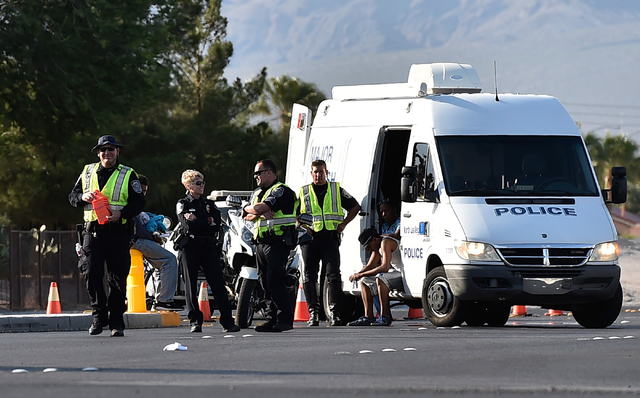 North Las Vegas police investigate an accident involving a pedestrian at the intersection of Simmons Street and Craig Road Tuesday, May 24, 2016, in North Las Vegas. (David Becker/Las Vegas Review ...