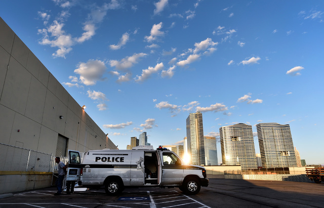 Arrestees are unloaded from a police van at the newly  opened Civil Diversion Program facility just off the Las Vegas Strip Friday, May 27, 2016. The pilot program, set up in a converted warehouse ...