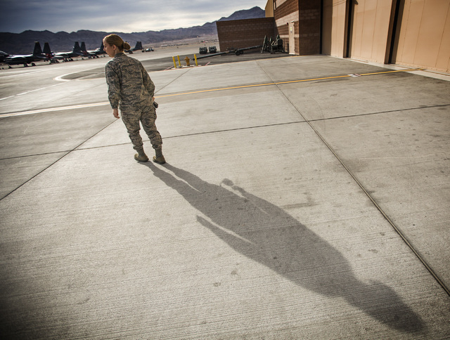 Capt. Madison Gilbert, officer in charge at the 757th Aircraft Maintenance Squadron, walks to the flight line on Wednesday, April 27, 2016. Jeff Scheid/Las Vegas Review-Journal Follow @jlscheid