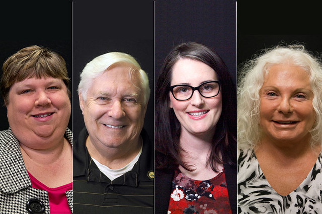 Candidates for Clark County School Board District A, from left, Deanna Wright (incumbent), Richard Vaughan, Mallory Levins, Patricia Krajcech, are photographed at the Las Vegas Review-Journal offi ...