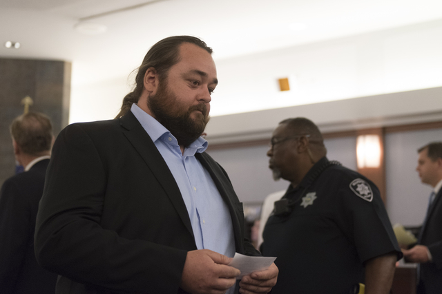 Austin Lee &quot;Chumlee&quot; Russell exits his courtroom at the Regional Justice Center in Las Vegas Monday, May 23, 2016. The reality TV actor from &quot;Pawn Stars&quot; is fac ...