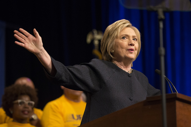 Democratic presidential candidate Hillary Clinton speaks during a United Food and Commercial Workers International Union convention meeting at the Mirage Convention Center on Thursday, May 26, 201 ...