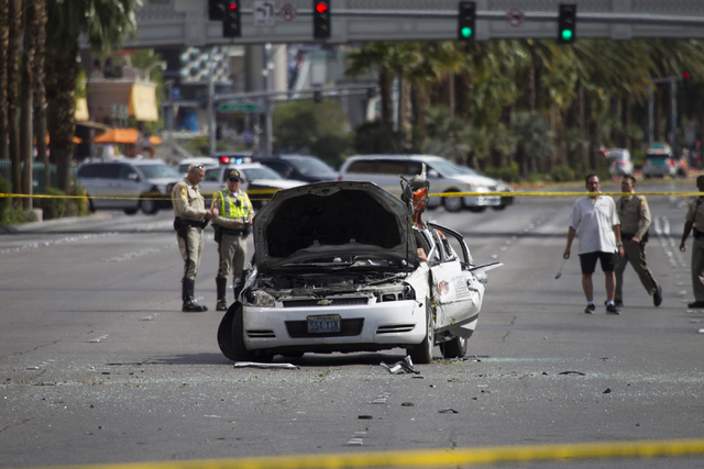 The scene of a two vehicle crash on Las Vegas Boulevard South near Caesars Palace casino-hotel on Wednesday, May 4, 2016, in Las Vegas. Erik Verduzco/Las Vegas Review-Journal Follow @Erik_Verduzco