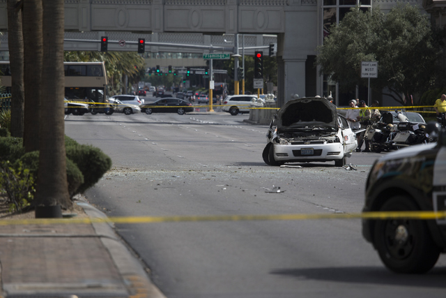 The scene of a two vehicle crash on Las Vegas Boulevard South near Caesars Palace casino-hotel on Wednesday, May 4, 2016, in Las Vegas. Erik Verduzco/Las Vegas Review-Journal Follow @Erik_Verduzco
