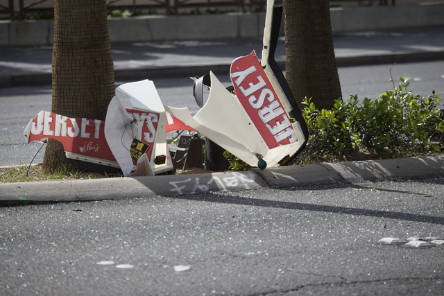 The scene of a two vehicle crash on Las Vegas Boulevard South near Caesars Palace casino-hotel on Wednesday, May 4, 2016, in Las Vegas. Erik Verduzco/Las Vegas Review-Journal Follow @Erik_Verduzco