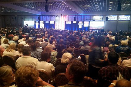 Thousands of people gather at the Paris casino in Las Vegas for the Nevada State Democratic Convention on Saturday, May 14, 2016. They are picking delegates to send to the national convention in J ...