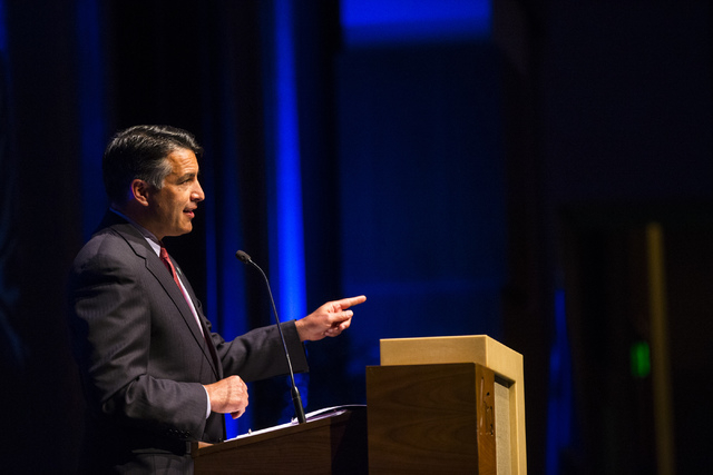Gov. Brian Sandoval speaks during an event honoring 2016 DRI Nevada Medalist Dr. Mary "Missy" Cummings at the Aria hotel-casino in Las Vegas on Thursday, April 14, 2016.  (Chase Stevens/Las Vegas  ...