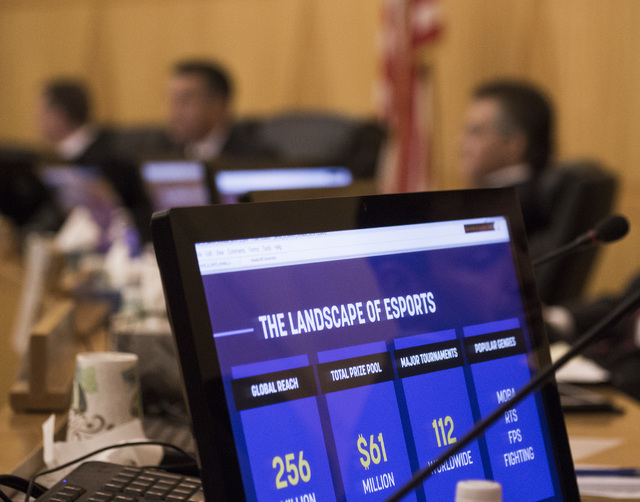Members of the Gaming Policy Committee watch an e-sports presentation at the Clark County Commission chambers, 500 S. Grand Central Pkwy., on Friday, May 13, 2016. Jeff Scheid/Las Vegas Review-Jou ...